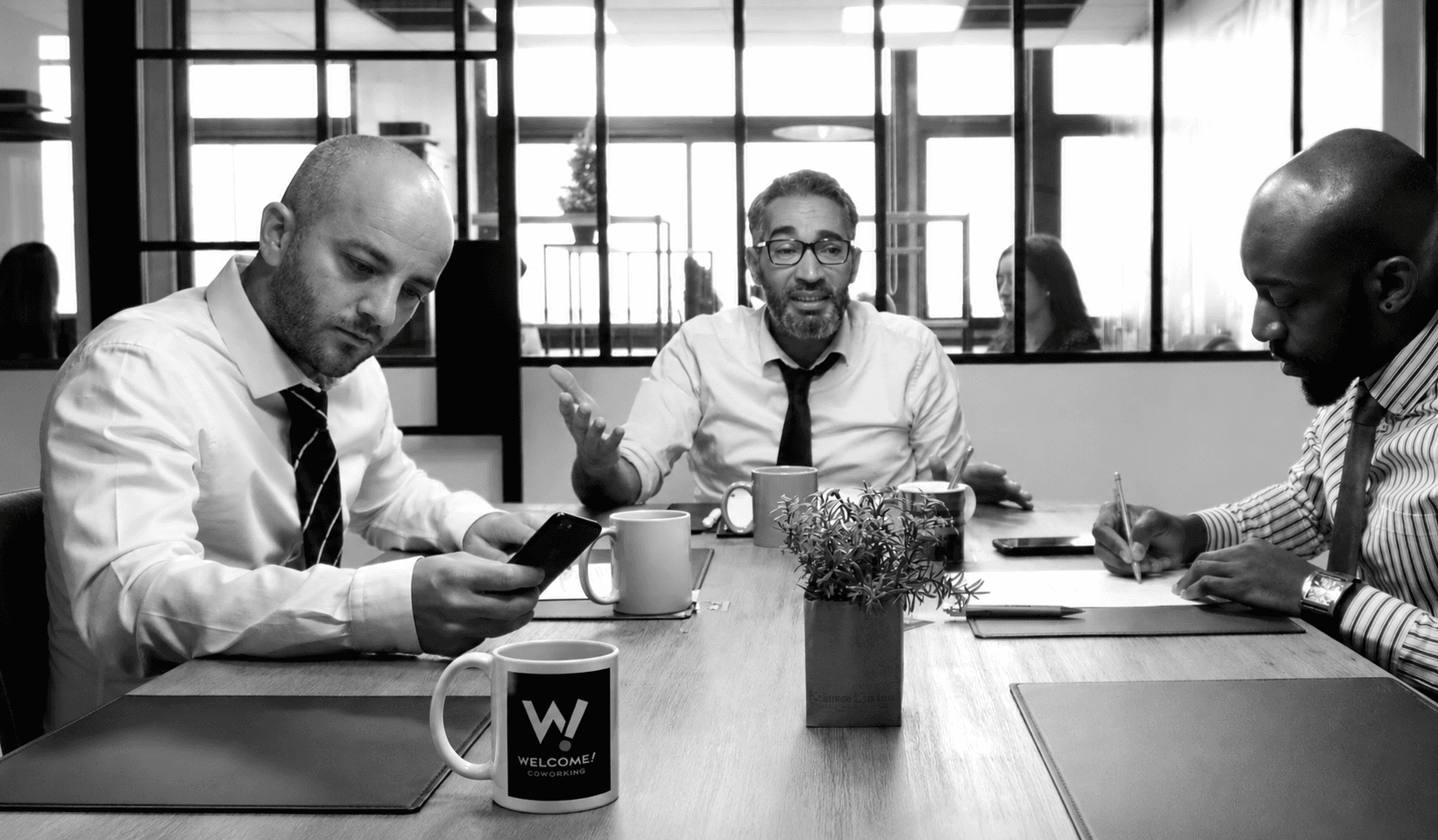 Espace de coworking lumineux avec bois, plantes et verrières noires