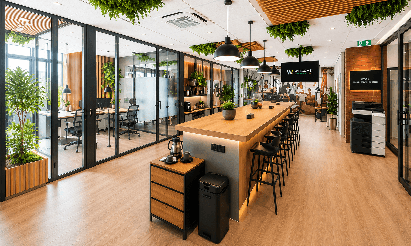 Espace de coworking Welcome avec bar en bois, verrières noires, plantes et éclairage chaleureux